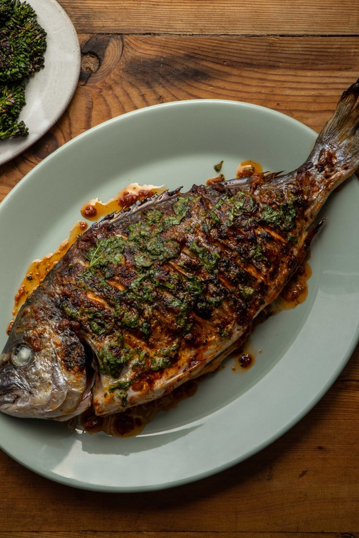 Harissa Grilled Sea Bream with Smoked Garlic Butter Recipe - Great ...