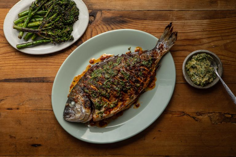 Harissa grilled sea bream with coriander and smoked garlic butter 