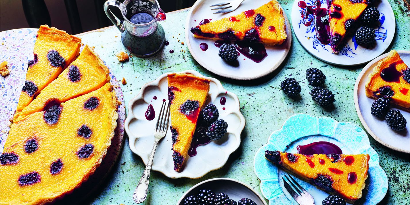 Saffron and Bay Custard Tarts with Sticky Blackberries - Great British Chefs