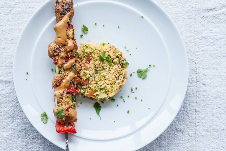 Moroccan spiced turkey kebabs with bulgur salad