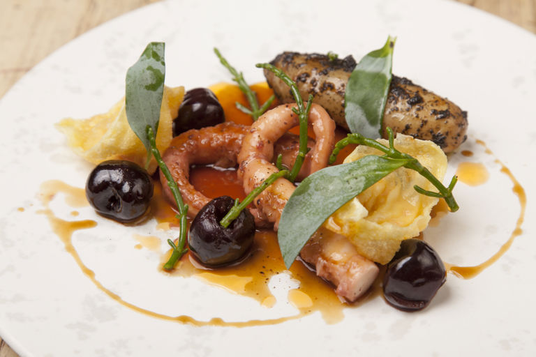 Octopus, lobster and scallop wontons with cherries and pink fir potatoes