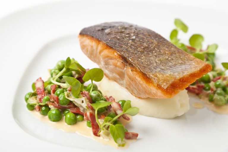 Organic salmon with English peas and chorizo