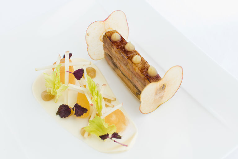 Terrine of smoked eel and foie gras, apple confit, celeriac