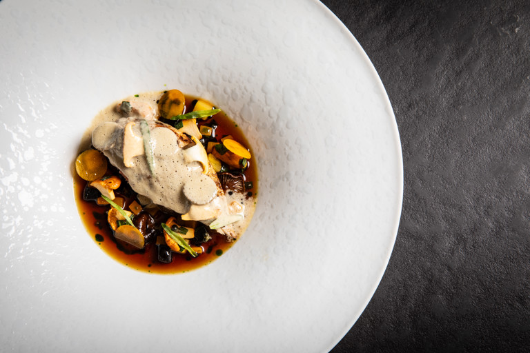 Partridge with burnt apple purée, mushrooms, squash and an Albufera cream sauce