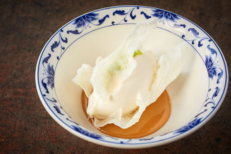 Jasmine rice ice cream with dulce de leche and wasabi