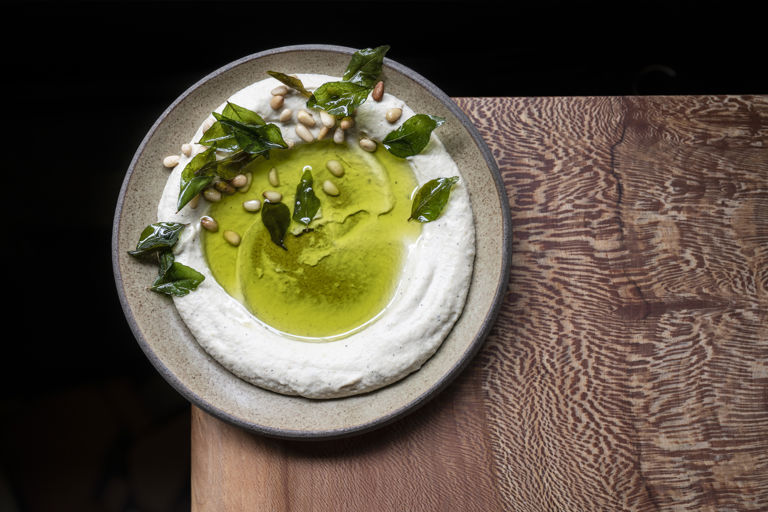 Baba ganoush, curry leaf oil and pine nuts