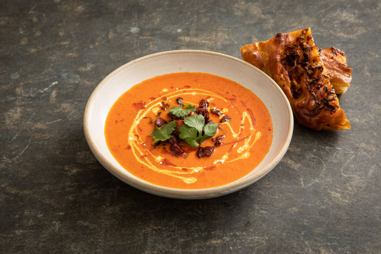 Harissa-roasted pepper and tomato soup with kimchi focaccia