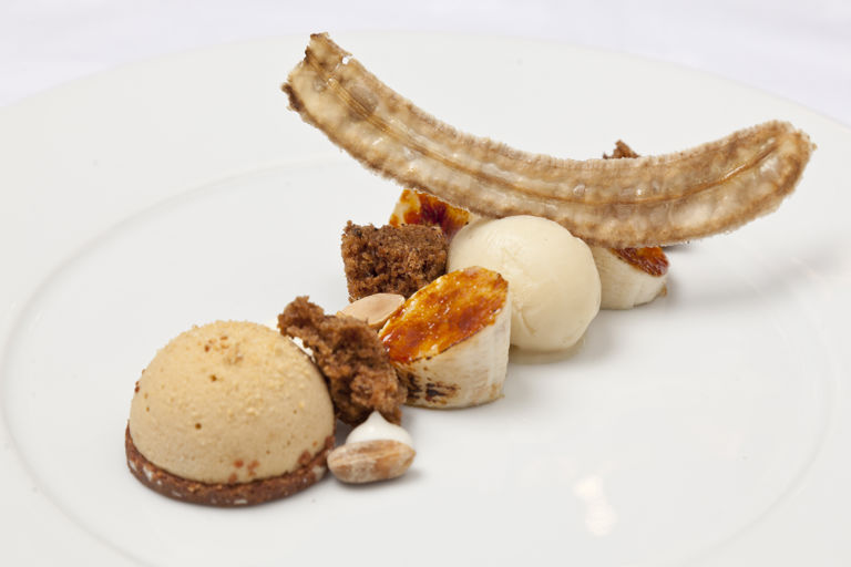Peanut, caramelised banana, sorbet and banana cake