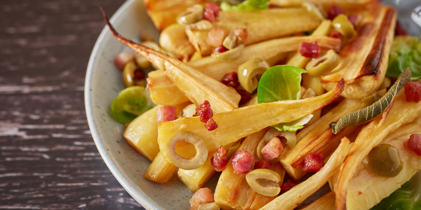 Roast Parsnips with Bacon, Olives and Sprout Leaves Recipe - Great British Chefs