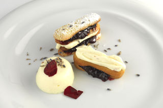 Rose petal panna cotta with damson and lavender Viennese shortbread