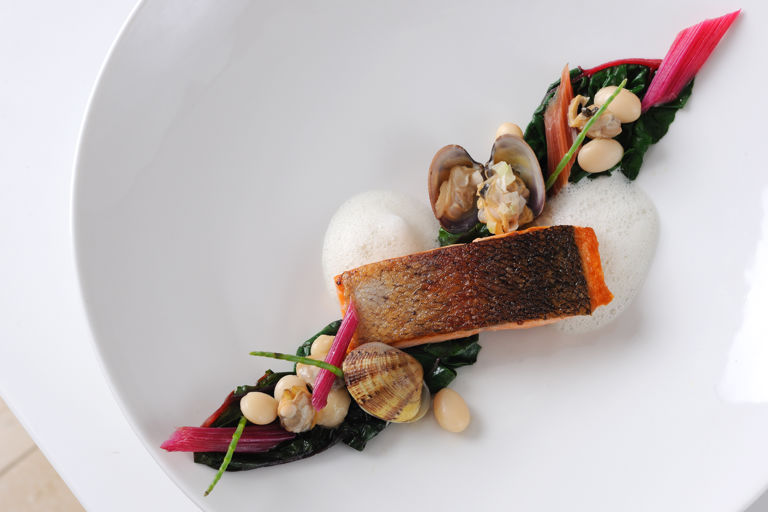 Sea trout with ruby chard and clams