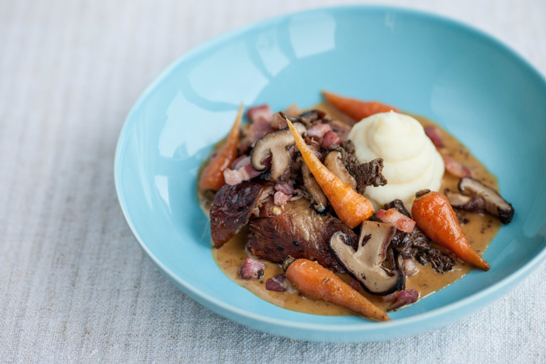 Slow cooked turkey leg, pancetta, wild mushrooms and baby vegetables