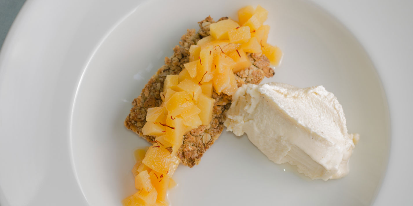 Poached Quince with Pistachio Crumble Recipe - Great British Chefs
