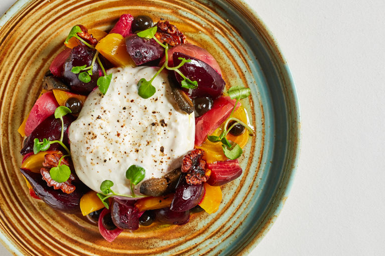 Heritage beetroot with burrata and pickled walnuts