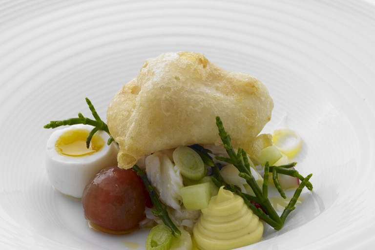 Muncaster crab, hen’s egg, tossed salad and English mustard mayonnaise