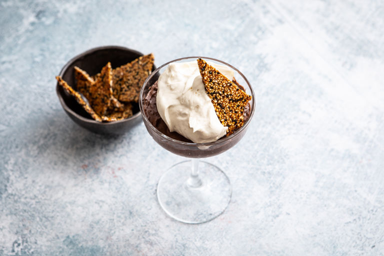 Chocolate mousse with tahini cream and sesame brittle