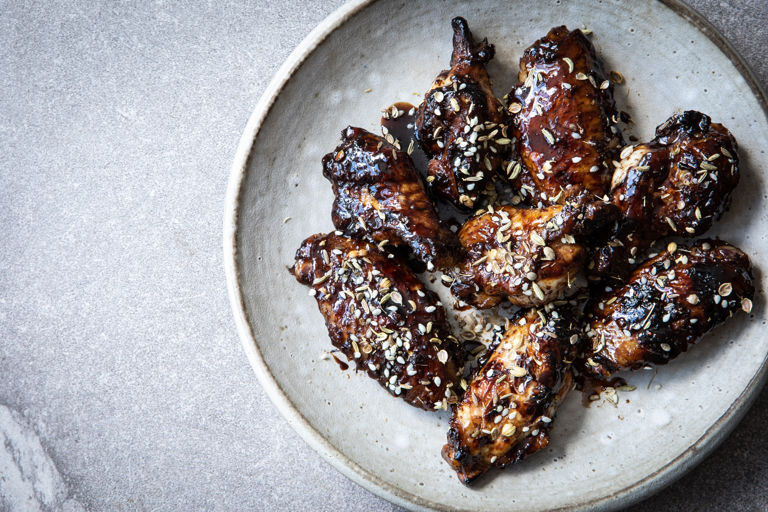 Sticky BBQ pomegranate molasses wings with dukkah 
