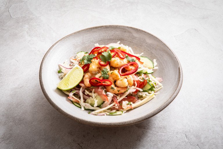White cabbage kachumber with mango and chilli chutney prawns