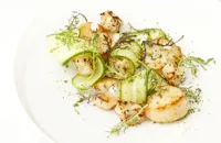 Scallops with cucumber, lime and baby leaf