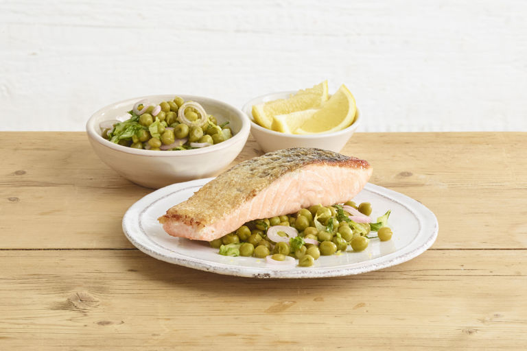 Pan-fried salmon with quick-pickled pea and shallot salad