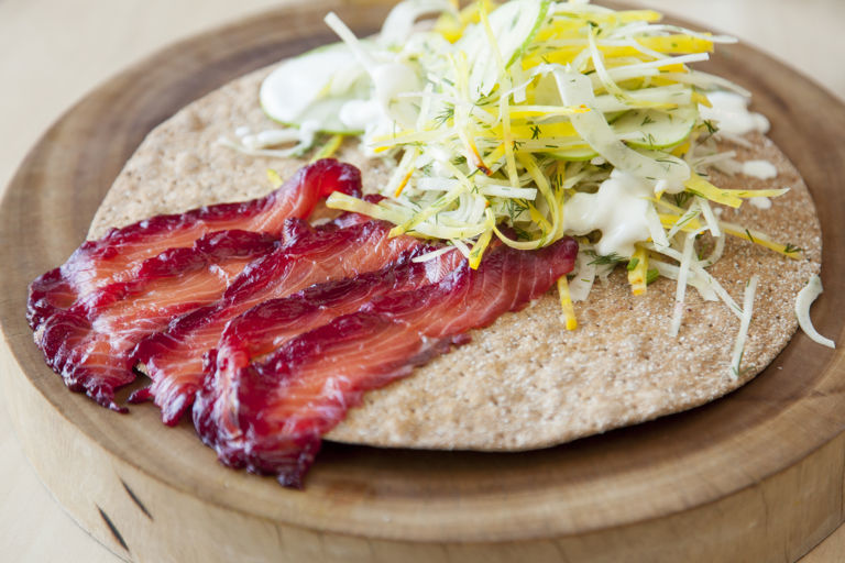 Beetroot and liquorice cured salmon