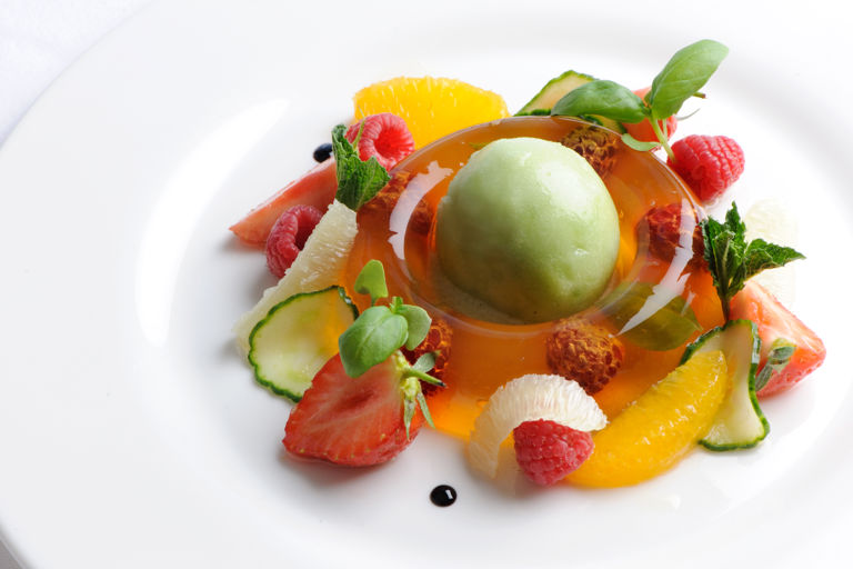 Pimm's jelly with cucumber sorbet