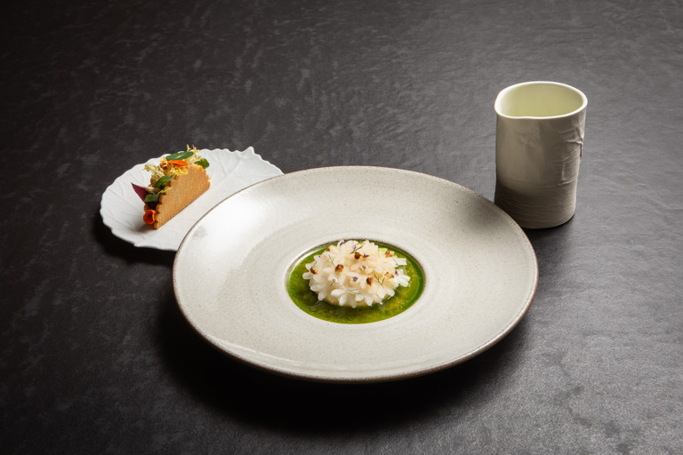 Aged Comté mousse with British kohlrabi, walnut pesto and pear salad