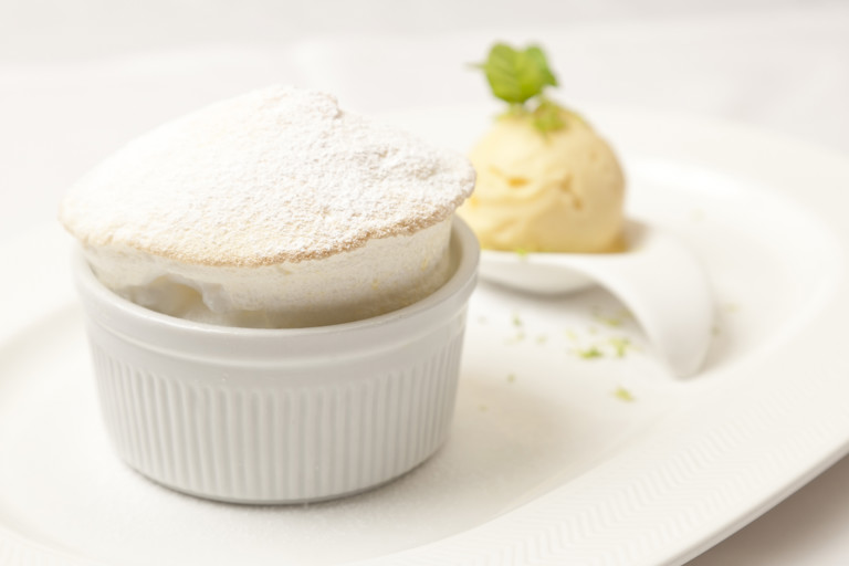 Lemon soufflé with lime sorbet