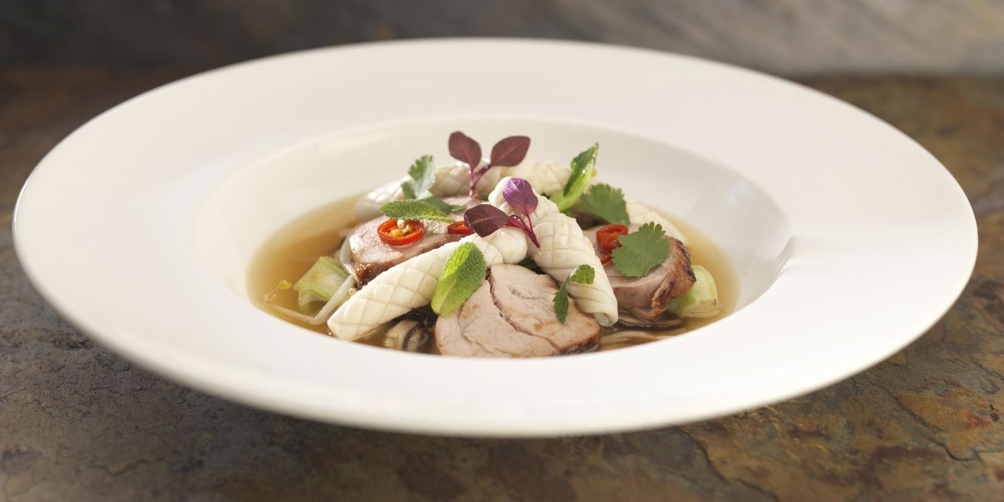 Hoisin-Marinated Pork in Squid Broth - Great British Chefs