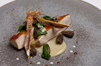 Guinea fowl with liquorice braised leeks, morels and rosemary 