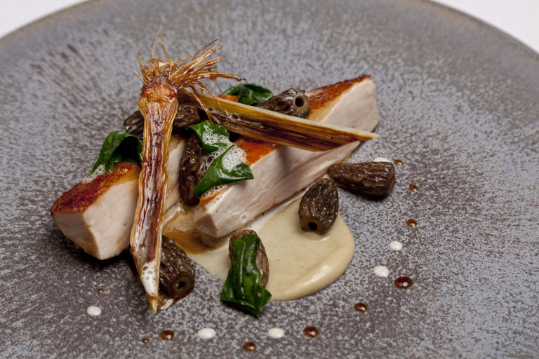 Guinea fowl with liquorice braised leeks, morels and rosemary 