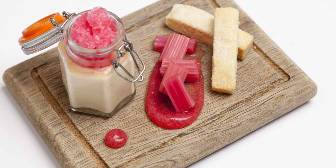 Baked custard and rhubarb granita