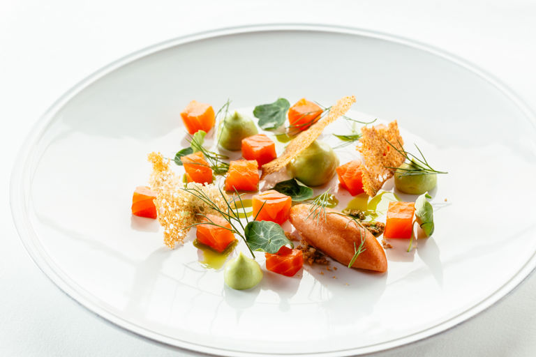 Dill and vodka cured trout with Bloody Mary sorbet, cucumber and avocado