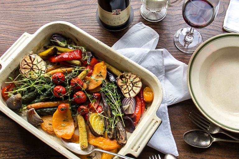 Mixed roasted vegetables with blue cheese sauce
