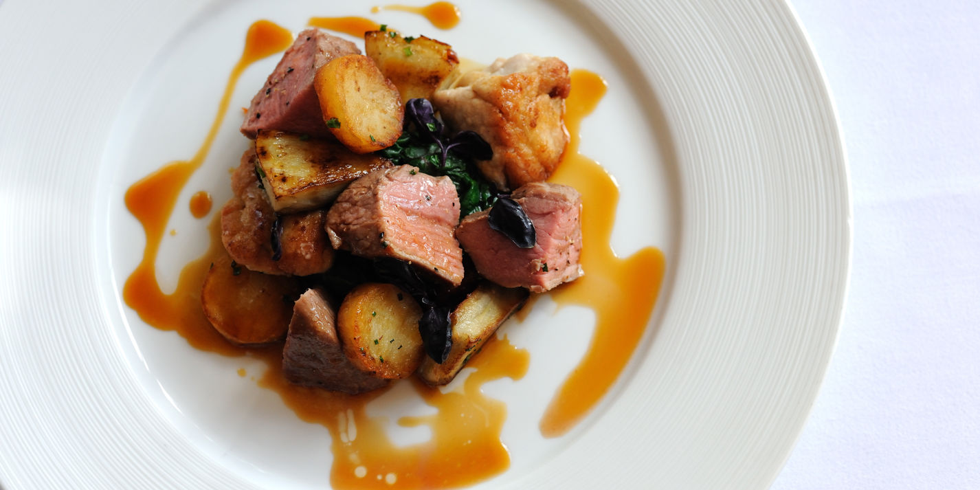 Roast rump of Dorset rosé veal with caramelised sweetbreads, sauté potatoes, artichokes and tomatoes