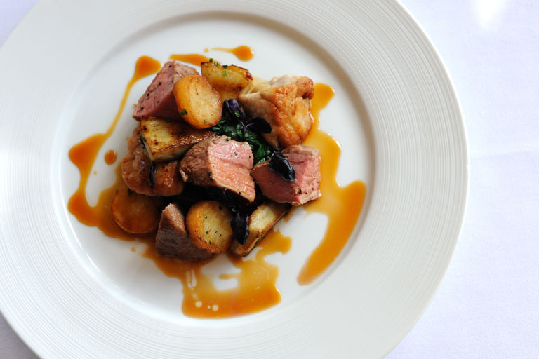 Roast rump of Dorset rosé veal with caramelised sweetbreads, sauté potatoes, artichokes and tomatoes