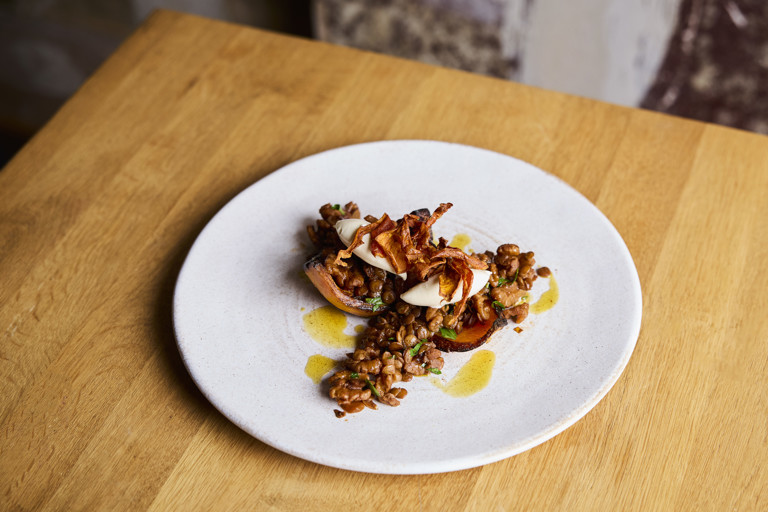 Roasted squash with walnut, lentil and coffee ragù