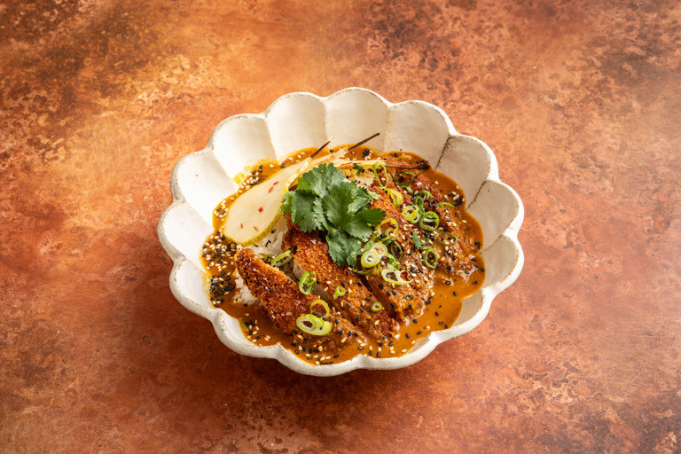 Miso-honey chicken katsu curry with pickled pears
