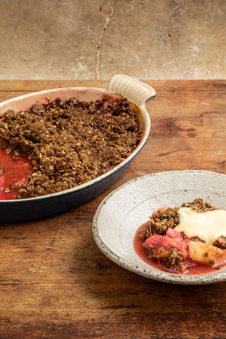 Rhubarb and Apple Crumble with Cardamom Custard and Hazelnut Praline