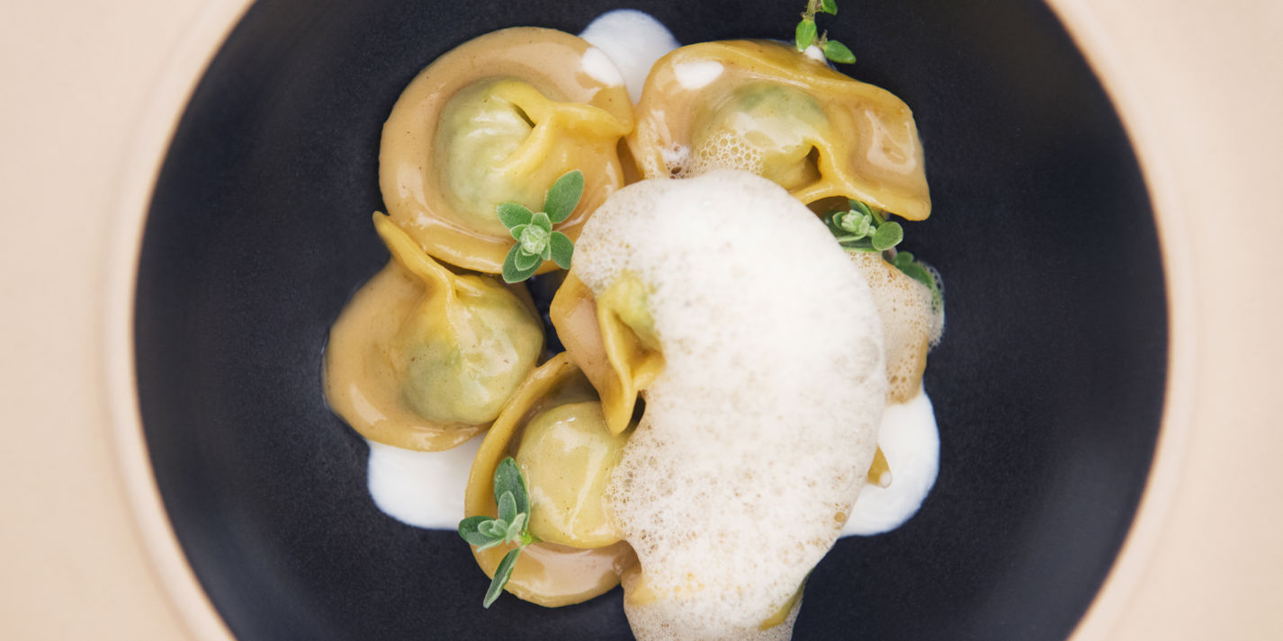 Cappellotti of rabbit, Raschera cheese cream  and foam of dried mushrooms