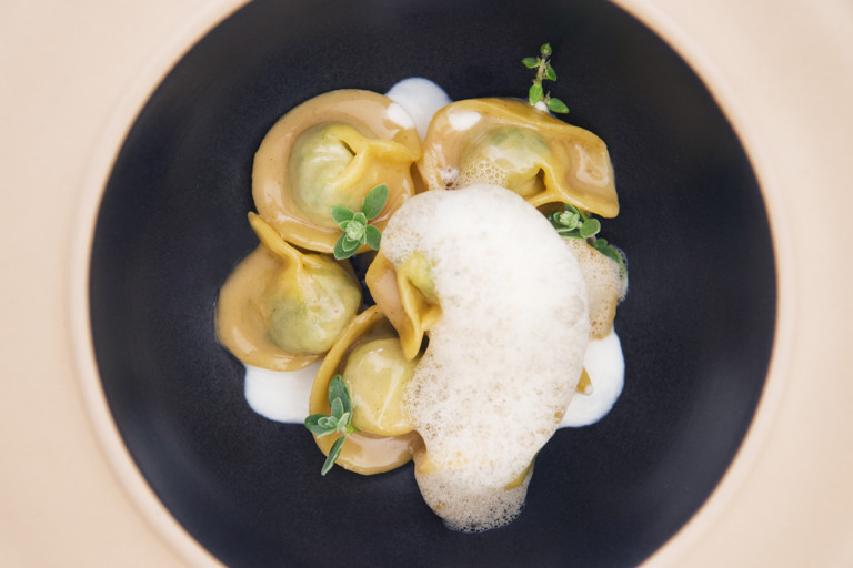 Cappellotti of rabbit, Raschera cheese cream  and foam of dried mushrooms