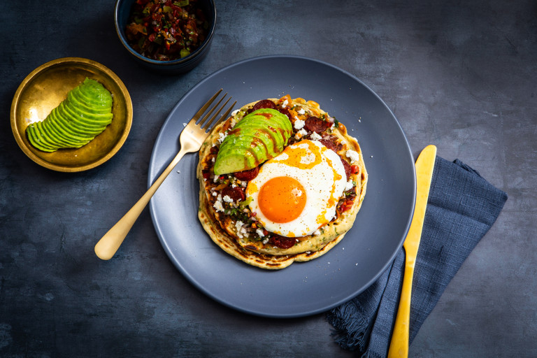 Huevos rancheros pancake stack