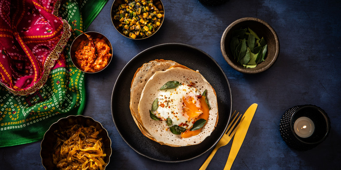 Egg Hoppers with Garlic and Red Pepper Chutney, Onion Relish and Corn Relish Recipe - Great British 