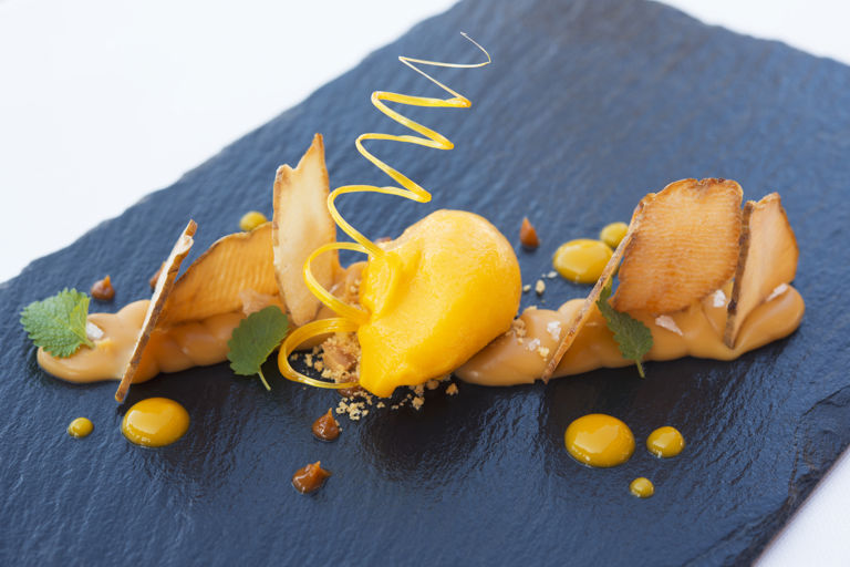 Mille feuille of Jerusalem artichokes with buffalo butter caramel and mango ice cream