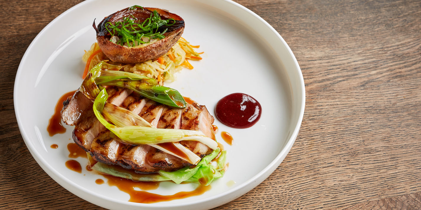Iberico Pork with Stir-Fried Vegetables, Potato and Plum Recipe - Great British Chefs