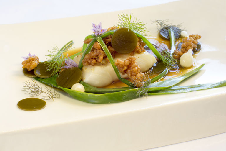 Steamed halibut and rye crispies