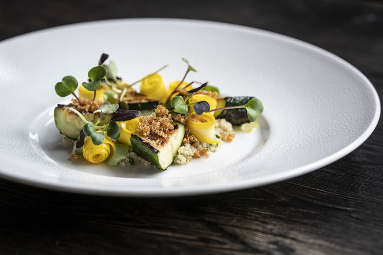 Courgettes with crispy quinoa and roasted yeast sauce
