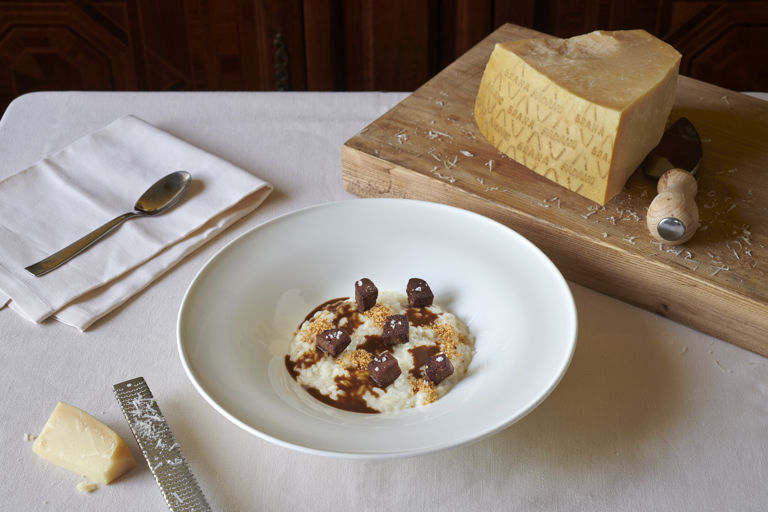 Piedmontese Carnaroli risotto with veal tongue, hazelnuts and Grana Padano