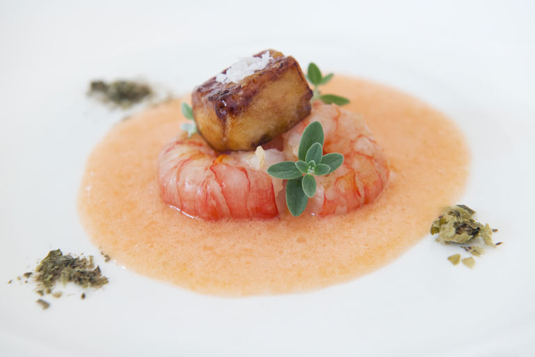 Prawns with foie gras, melon gazpacho and dehydrated capers