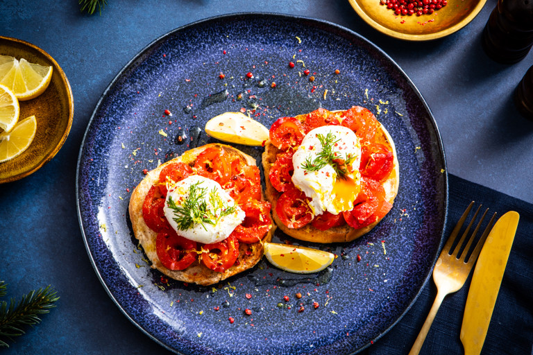Beetroot, gin and pink peppercorn cured salmon with poached eggs